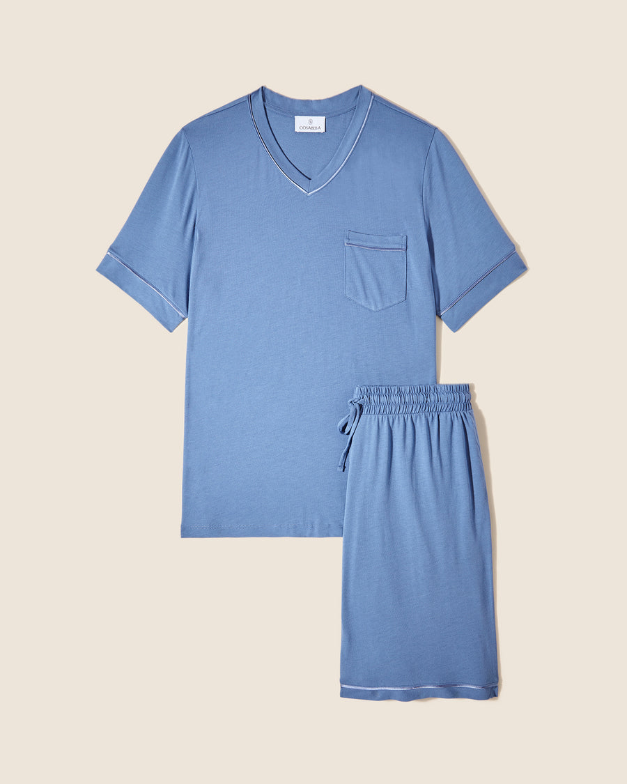 Azul Conjuntos Para Hombres - Bella Conjunto De Pijama Para Hombre Con Camisa De Manga Corta Y Pantalones Cortos